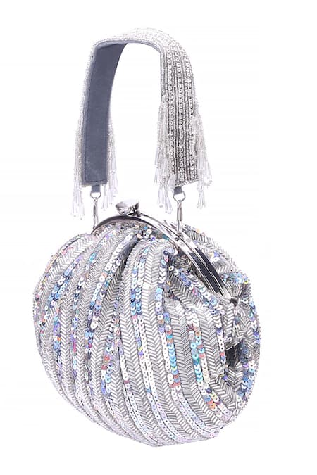 Shop Nazaakat By Samara Singh Silver Sequins, Beads, Tassels And Embellished Batua Bag Online at Aza Fashions Shop_Nazaakat By Samara Singh_Silver Sequins, Beads, Tassels And Embellished Batua Bag _Online_at_Aza_Fashions