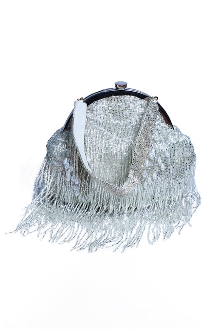 Buy Nazaakat By Samara Singh Silver Beads, Pearls, Fringe Beaded Batua Bag Online at Aza Fashions Buy_Nazaakat By Samara Singh_Silver Beads, Pearls, Fringe Beaded Batua Bag_Online_at_Aza_Fashions