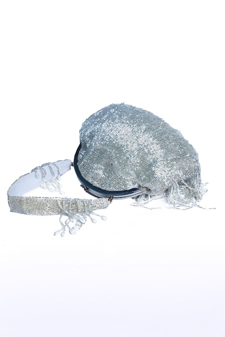 Shop Nazaakat By Samara Singh Silver Beads, Pearls, Fringe Beaded Batua Bag Online at Aza Fashions Shop_Nazaakat By Samara Singh_Silver Beads, Pearls, Fringe Beaded Batua Bag_Online_at_Aza_Fashions