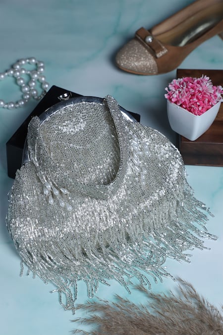 Nazaakat By Samara Singh Silver Beads, Pearls, Fringe Beaded Batua Bag 