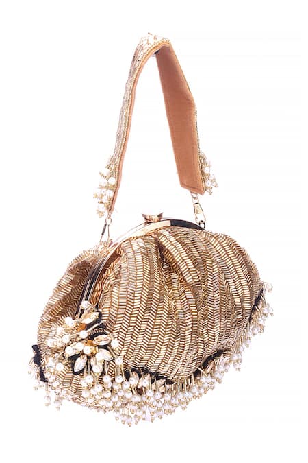 Nazaakat By Samara Singh_Gold Beads, Pearls, Stones Beaded And Embellished Batua Bag_at_Aza_Fashions