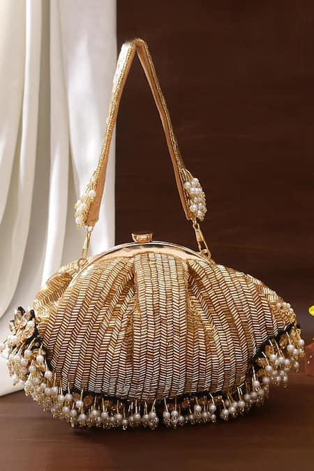 Nazaakat By Samara Singh Gold Beads, Pearls, Stones Beaded And Embellished Batua Bag 