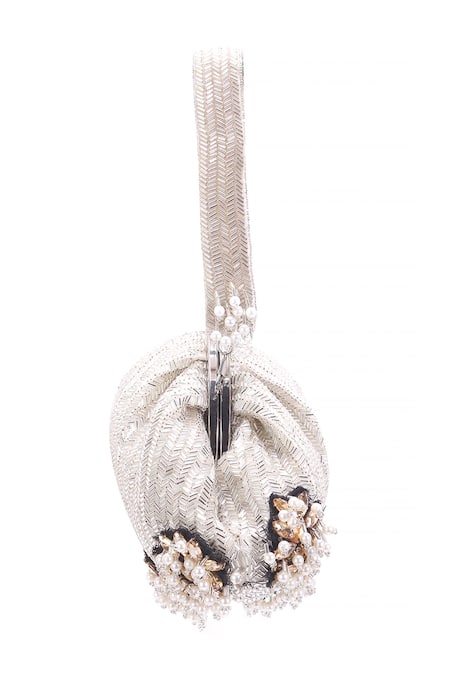 Buy_Nazaakat By Samara Singh_Silver Beads, Pearls, Crystals, Stones Beaded Embellished Batua Bag _Online_at_Aza_Fashions