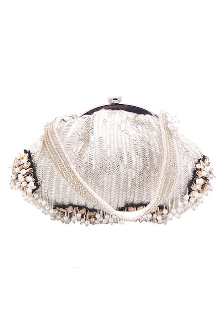 Shop_Nazaakat By Samara Singh_Silver Beads, Pearls, Crystals, Stones Beaded Embellished Batua Bag _Online_at_Aza_Fashions