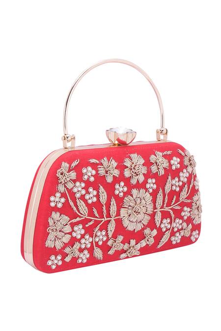 Nazaakat By Samara Singh_Red Embroidery, Pearls, Crystals Floral Clutch With Detachable Sling_at_Aza_Fashions