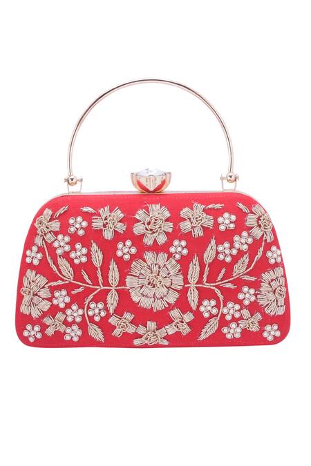 Buy_Nazaakat By Samara Singh_Red Embroidery, Pearls, Crystals Floral Clutch With Detachable Sling