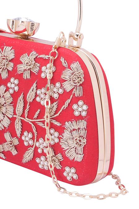 Shop_Nazaakat By Samara Singh_Red Embroidery, Pearls, Crystals Floral Clutch With Detachable Sling