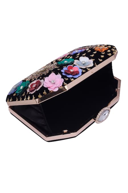 Nazaakat By Samara Singh_Black Sequins, Beads, Crystals, Stones Multi Floral And Embellished Clutch _Online_at_Aza_Fashions
