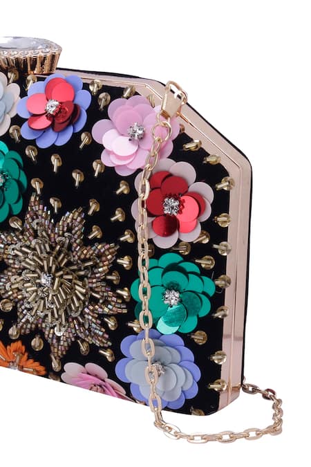 Shop_Nazaakat By Samara Singh_Black Sequins, Beads, Crystals, Stones Multi Floral And Embellished Clutch _Online_at_Aza_Fashions