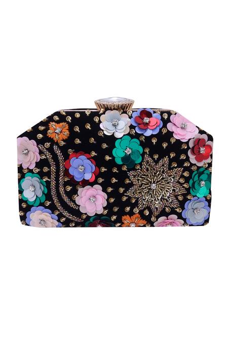 Buy_Nazaakat By Samara Singh_Black Sequins, Beads, Crystals, Stones Multi Floral And Embellished Clutch 