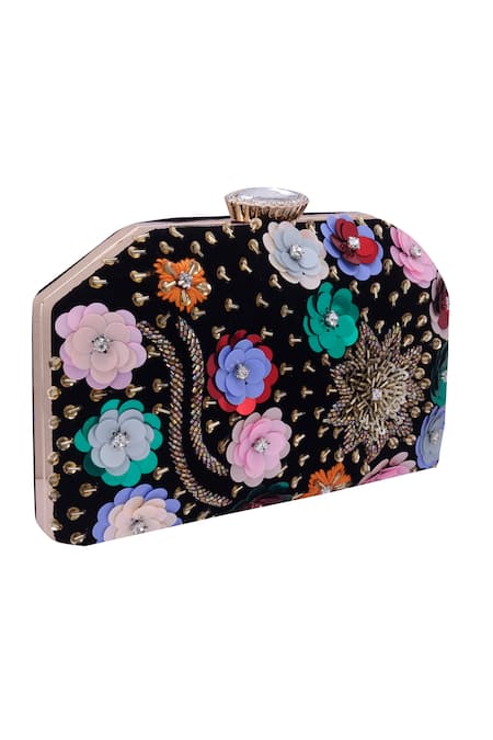 Shop_Nazaakat By Samara Singh_Black Sequins, Beads, Crystals, Stones Multi Floral And Embellished Clutch 