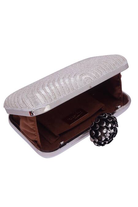 Buy_Nazaakat By Samara Singh_Silver Beads Fan Pattern Clutch With Detachable Sling_Online_at_Aza_Fashions