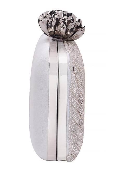 Shop_Nazaakat By Samara Singh_Silver Beads Fan Pattern Clutch With Detachable Sling_Online_at_Aza_Fashions