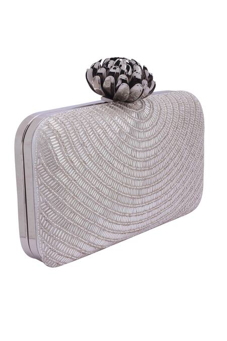 Nazaakat By Samara Singh_Silver Beads Fan Pattern Clutch With Detachable Sling_at_Aza_Fashions