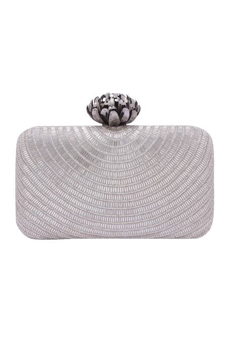 Shop_Nazaakat By Samara Singh_Silver Beads Fan Pattern Clutch With Detachable Sling