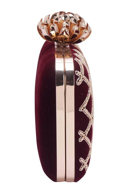Nazaakat By Samara Singh_Maroon Beads, Embroidery Floral Grid Clutch Bag _Online_at_Aza_Fashions
