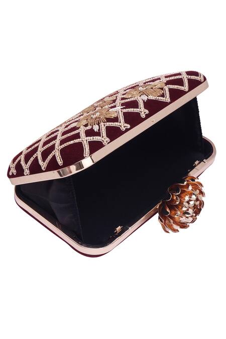Shop_Nazaakat By Samara Singh_Maroon Beads, Embroidery Floral Grid Clutch Bag _Online_at_Aza_Fashions