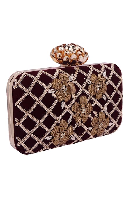 Nazaakat By Samara Singh_Maroon Beads, Embroidery Floral Grid Clutch Bag _at_Aza_Fashions