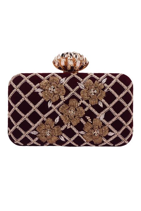 Buy_Nazaakat By Samara Singh_Maroon Beads, Embroidery Floral Grid Clutch Bag 