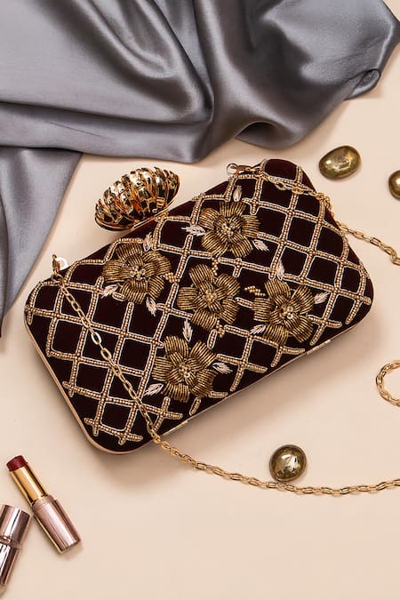 Nazaakat By Samara Singh Maroon Beads, Embroidery Floral Grid Clutch Bag 