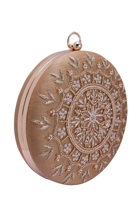 Nazaakat By Samara Singh_Gold Beads, Sequins, Embroidery Round Clutch With Detachable Sling _at_Aza_Fashions