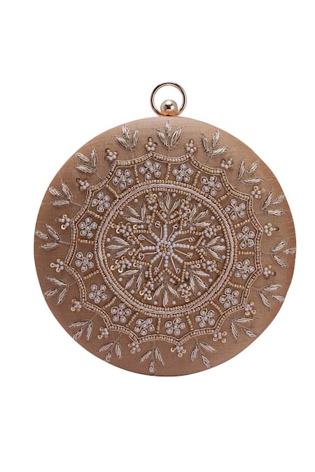 Buy_Nazaakat By Samara Singh_Gold Beads, Sequins, Embroidery Round Clutch With Detachable Sling 
