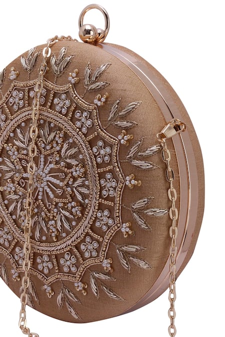 Shop_Nazaakat By Samara Singh_Gold Beads, Sequins, Embroidery Round Clutch With Detachable Sling 