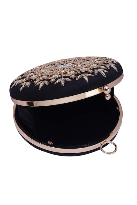 Shop_Nazaakat By Samara Singh_Black Embroidery, Beads, Sequins Round Clutch Bag _Online_at_Aza_Fashions