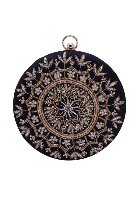 Nazaakat By Samara Singh_Black Embroidery, Beads, Sequins Round Clutch Bag _at_Aza_Fashions