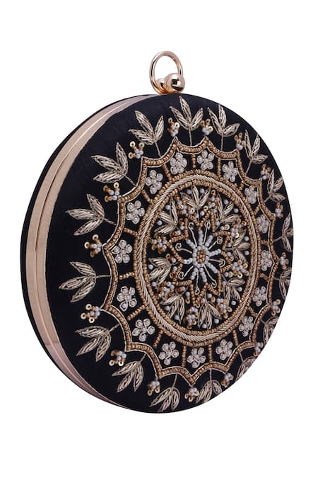Buy_Nazaakat By Samara Singh_Black Embroidery, Beads, Sequins Round Clutch Bag 