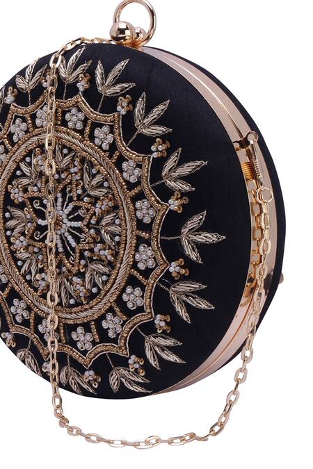 Shop_Nazaakat By Samara Singh_Black Embroidery, Beads, Sequins Round Clutch Bag 