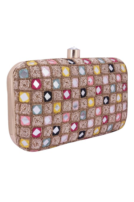 Nazaakat By Samara Singh_Gold Mirrors, Beads And Embellished Silk Clutch _at_Aza_Fashions