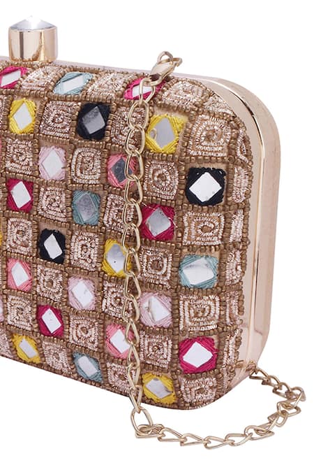 Shop_Nazaakat By Samara Singh_Gold Mirrors, Beads And Embellished Silk Clutch 