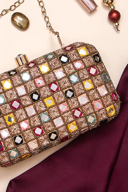 Shop Nazaakat By Samara Singh Gold Mirrors, Beads And Embellished Silk Clutch at Aza Fashions Shop_Nazaakat By Samara Singh_Gold Mirrors, Beads And Embellished Silk Clutch _at_Aza_Fashions
