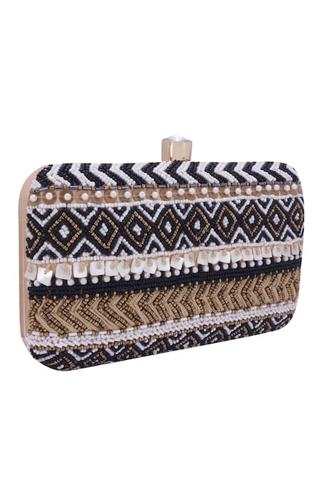 Nazaakat By Samara Singh_Black Beads, Sequins, Pearls, Stones Geometric Beaded And Embellished Clutch _at_Aza_Fashions