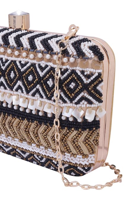 Shop_Nazaakat By Samara Singh_Black Beads, Sequins, Pearls, Stones Geometric Beaded And Embellished Clutch 