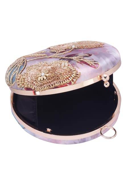 Buy_Nazaakat By Samara Singh_Pink Beads, Embroidery, Sequins Floral Round Clutch With Sling _Online_at_Aza_Fashions