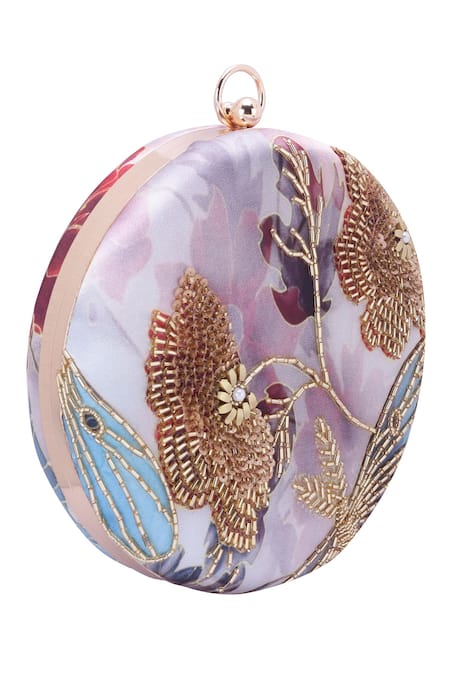 Nazaakat By Samara Singh_Pink Beads, Embroidery, Sequins Floral Round Clutch With Sling _at_Aza_Fashions