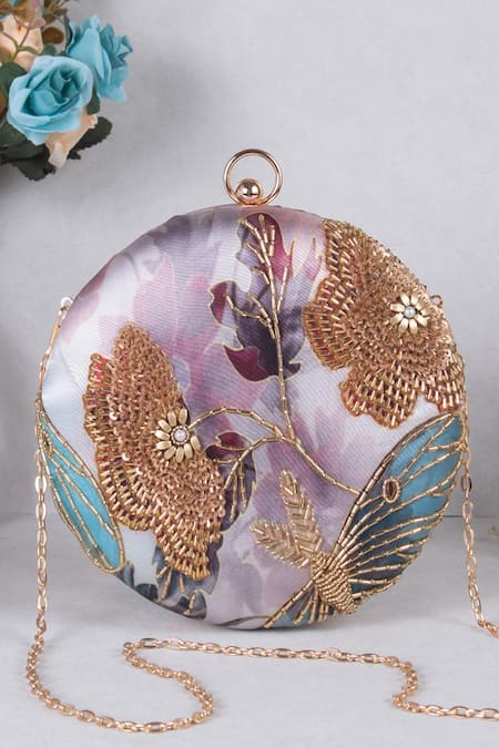 Nazaakat By Samara Singh Pink Beads, Embroidery, Sequins Floral Round Clutch With Sling 