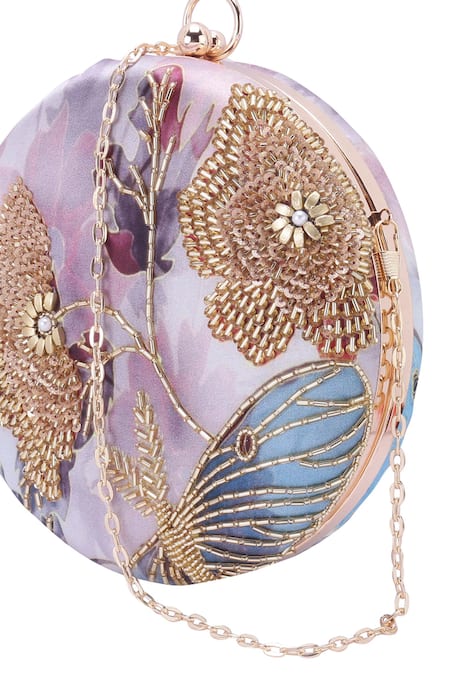 Shop_Nazaakat By Samara Singh_Pink Beads, Embroidery, Sequins Floral Round Clutch With Sling 