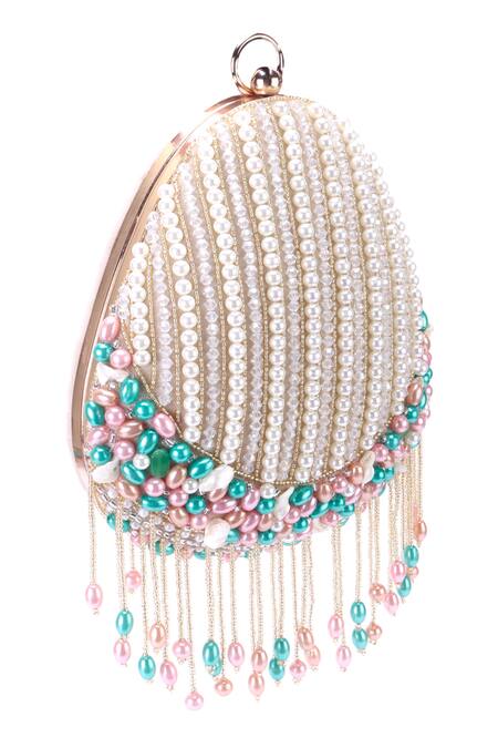 Shop Nazaakat By Samara Singh Off White Pearls, Beads, Chains And Embellished Clutch Bag Online at Aza Fashions Shop_Nazaakat By Samara Singh_Off White Pearls, Beads, Chains And Embellished Clutch Bag_Online_at_Aza_Fashions
