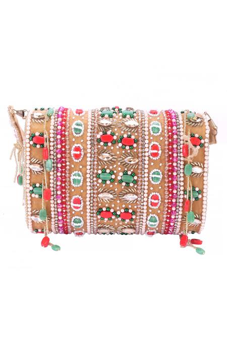 Shop Nazaakat By Samara Singh Multi Color Beads, Stones, Crystals, Beaded Pearl And Embellished Flap Bag Online at Aza Fashions Shop_Nazaakat By Samara Singh_Multi Color Beads, Stones, Crystals, Beaded Pearl And Embellished Flap Bag_Online_at_Aza_Fashions