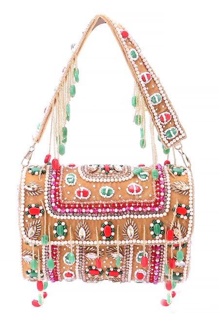 Shop Nazaakat By Samara Singh Multi Color Beads, Stones, Crystals, Beaded Pearl And Embellished Flap Bag at Aza Fashions Shop_Nazaakat By Samara Singh_Multi Color Beads, Stones, Crystals, Beaded Pearl And Embellished Flap Bag_at_Aza_Fashions