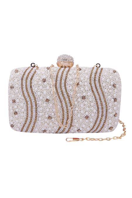Nazaakat By Samara Singh_White Pearls, Rhinestones, Beads And Stone Embellished Clutch_at_Aza_Fashions