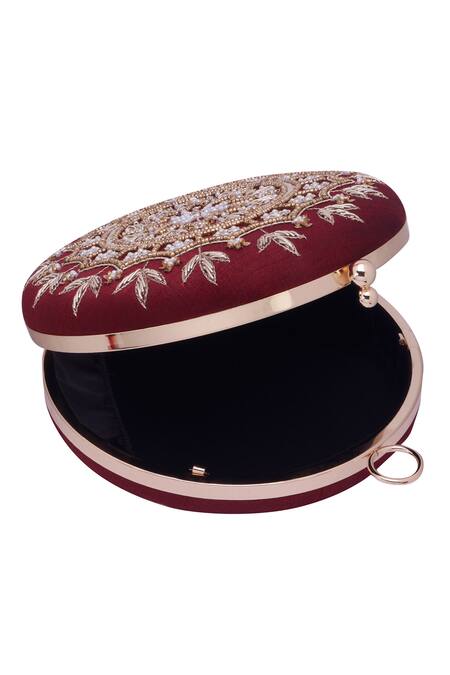 Nazaakat By Samara Singh_Maroon Beads, Sequins, Embroidery Round Clutch Bag _Online_at_Aza_Fashions