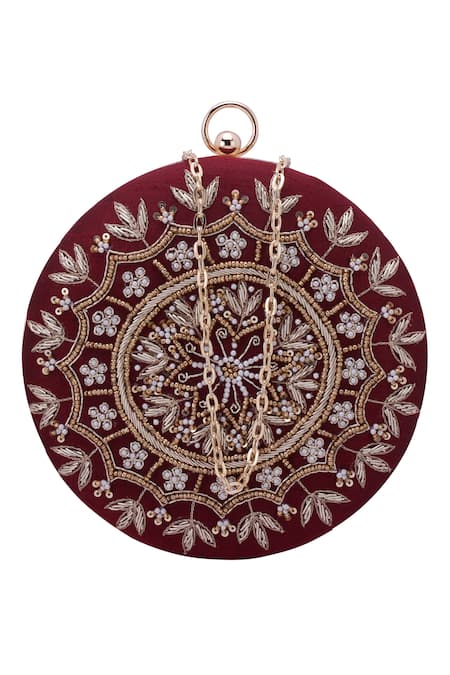 Nazaakat By Samara Singh_Maroon Beads, Sequins, Embroidery Round Clutch Bag _at_Aza_Fashions