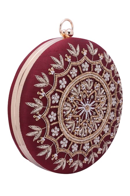 Buy_Nazaakat By Samara Singh_Maroon Beads, Sequins, Embroidery Round Clutch Bag 