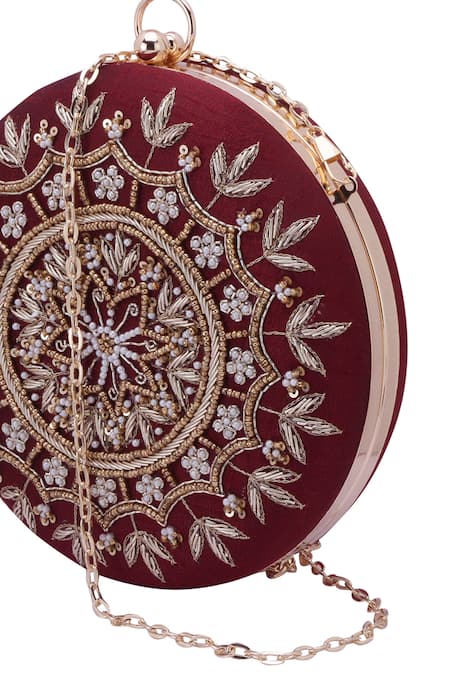 Shop_Nazaakat By Samara Singh_Maroon Beads, Sequins, Embroidery Round Clutch Bag 