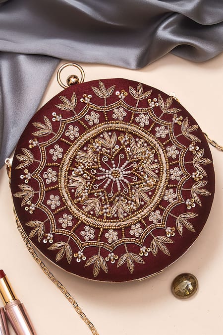 Nazaakat By Samara Singh Maroon Beads, Sequins, Embroidery Round Clutch Bag 