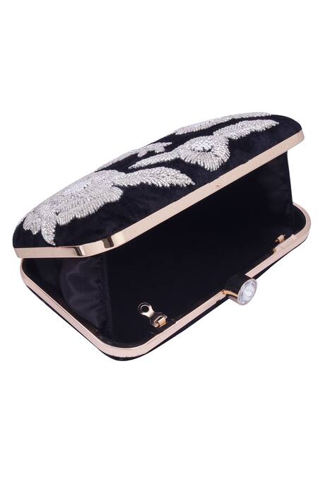 Shop_Nazaakat By Samara Singh_Black Beads, Crystals Floral Embroidered Clutch With Detachable Sling _Online_at_Aza_Fashions